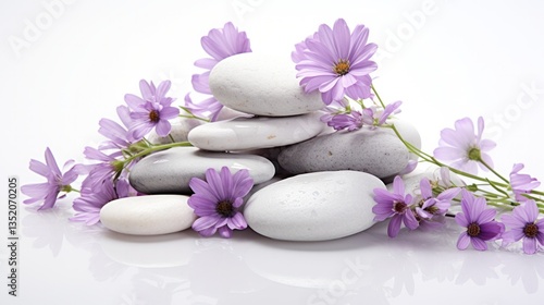 Elegant display of stacked spa stones accented with small, colorful blossoms like lavender and daisies, positioned on a stark white surface