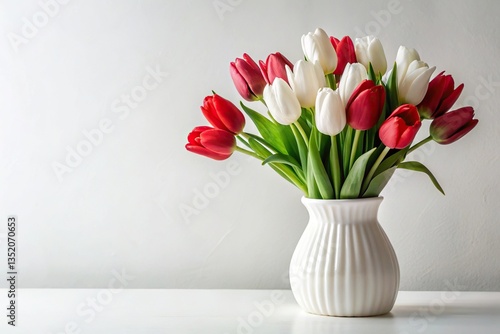 Wallpaper Mural Extreme close-up white vase with bouquet white red tulips against white background Torontodigital.ca