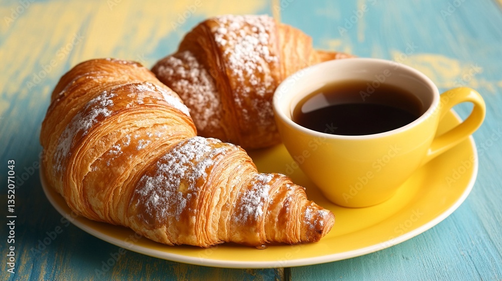Golden-brown croissants dusted with powdered sugar, served alongside a vibrant yellow cup of rich black coffee on a rustic blue wooden background. Golden-brown croissants dusted with powdered sugar, served alongside a vibrant yellow cup of rich black coffee on a rustic blue wooden background.