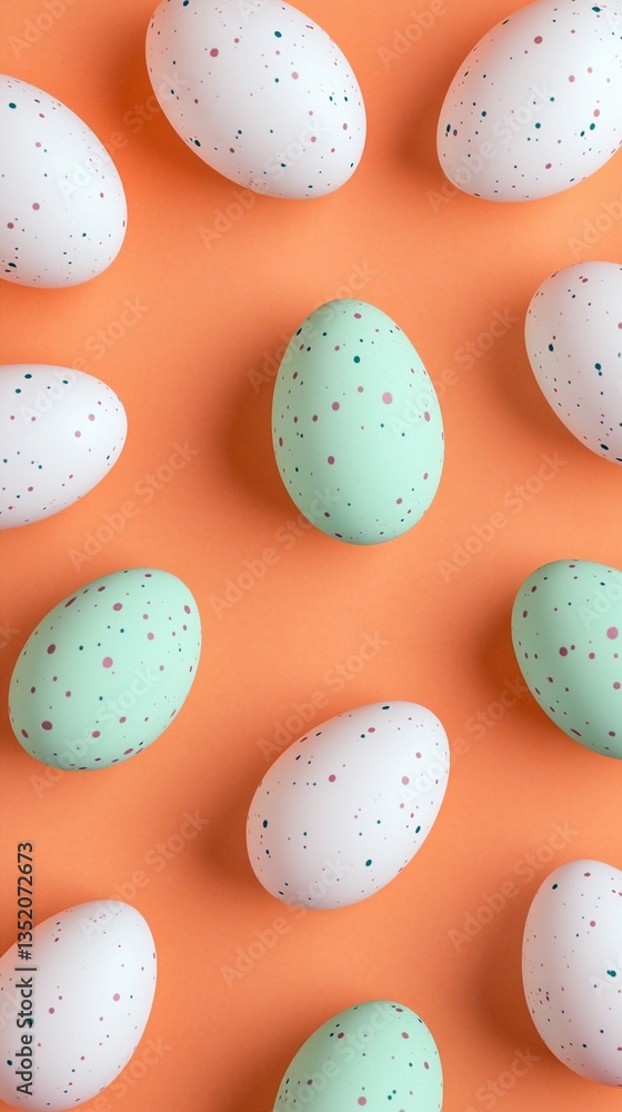 Pastel speckled eggs scattered artfully on a warm coral background, creating a delicate spring-inspired composition with soft mint green and white color palette Pastel speckled eggs scattered artfully on a warm coral background, creating a delicate spring-inspired composition with soft mint green and white color palette