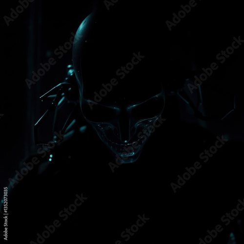 Dark and Mysterious Robotic Skull Silhouette in Shadowy Futuristic Setting