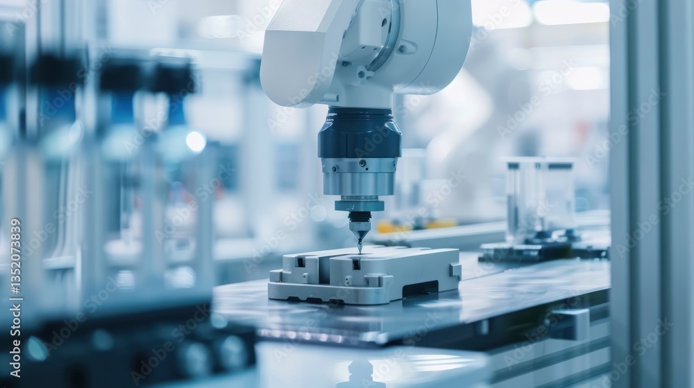 Fototapeta premium Close-up of a sleek, modern robotic arm performing a precise task in a clean, minimalist factory setting.