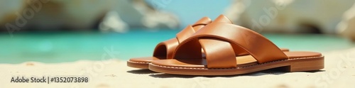 Elegant brown slide sandals with crisscross straps on clear backdrop, beach, vacation, footwear