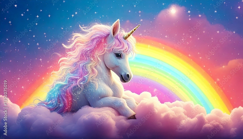 Fototapeta premium unicorn baby sitting on a cloud with rainbow background