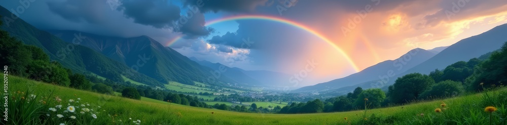 Enchanting view of rainbow arching over lush green valley with starry skies, mystical, stars, scenic Enchanting view of rainbow arching over lush green valley with starry skies, mystical, stars, scenic