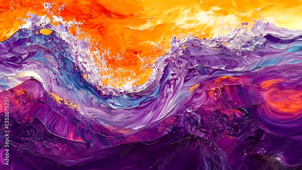 Vibrant abstract ocean waves crashing under a sunset sky with swirling colors and textures