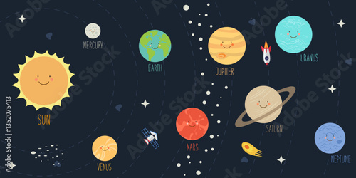 Photography poster cute planets of solar system banner kawaii space kids education astronomy