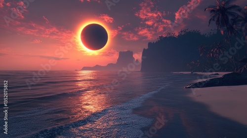 A stunning solar eclipse over a tropical ocean landscape