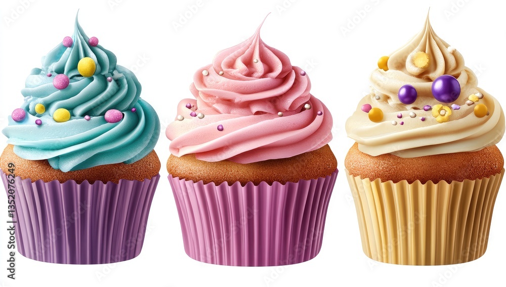 Three colorful cupcakes, each with a unique frosting design, sit in cupcake liners Three colorful cupcakes, each with a unique frosting design, sit in cupcake liners