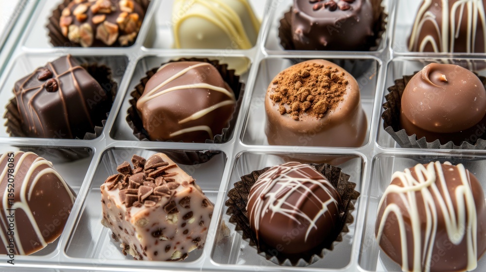 A collection of chocolate pralines in a transparent box, showcasing their glossy shells and intricate designs. A collection of chocolate pralines in a transparent box, showcasing their glossy shells and intricate designs.
