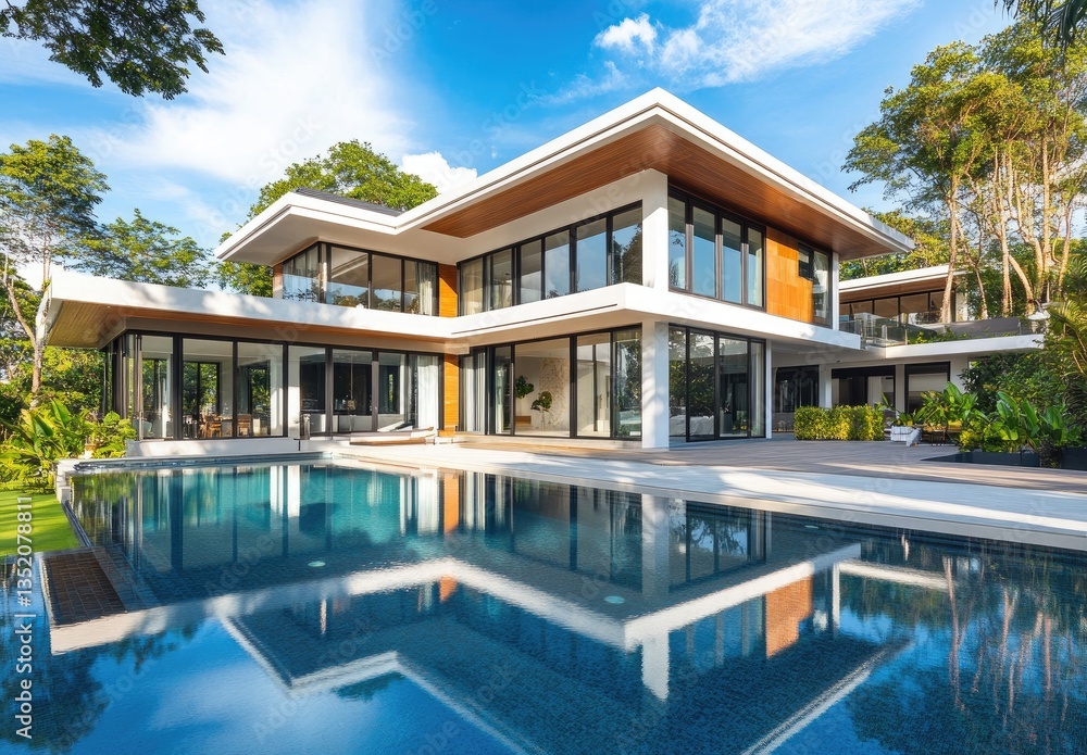 Fototapeta premium A beautiful modern house with large windows and a swimming pool in the front yard