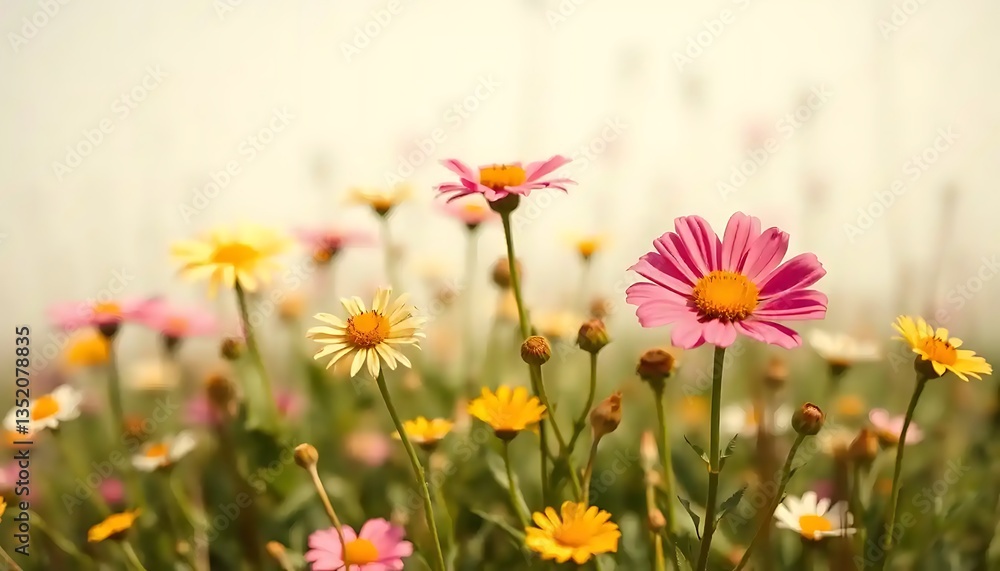 Charming field brimming with vibrant daisies, soft sunlight illuminating petals Charming field brimming with vibrant daisies, soft sunlight illuminating petals