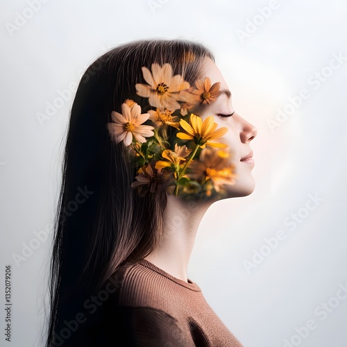 A serene young woman's profile is artfully blended with vibrant yellow and orange wildflowers creating a beautiful and peaceful double exposure portrait.