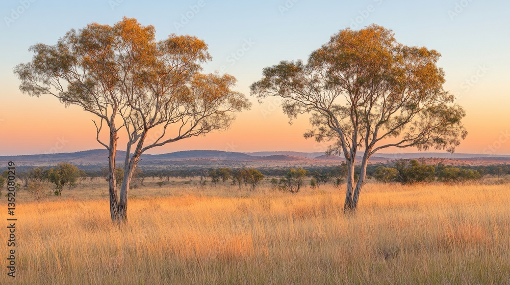 Serene Sunset Landscape with Trees in Golden Grassland Scenery Serene Sunset Landscape with Trees in Golden Grassland Scenery