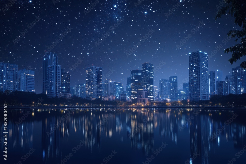Naklejka premium Starry Night Sky Reflects City Buildings Over a Peaceful Lake