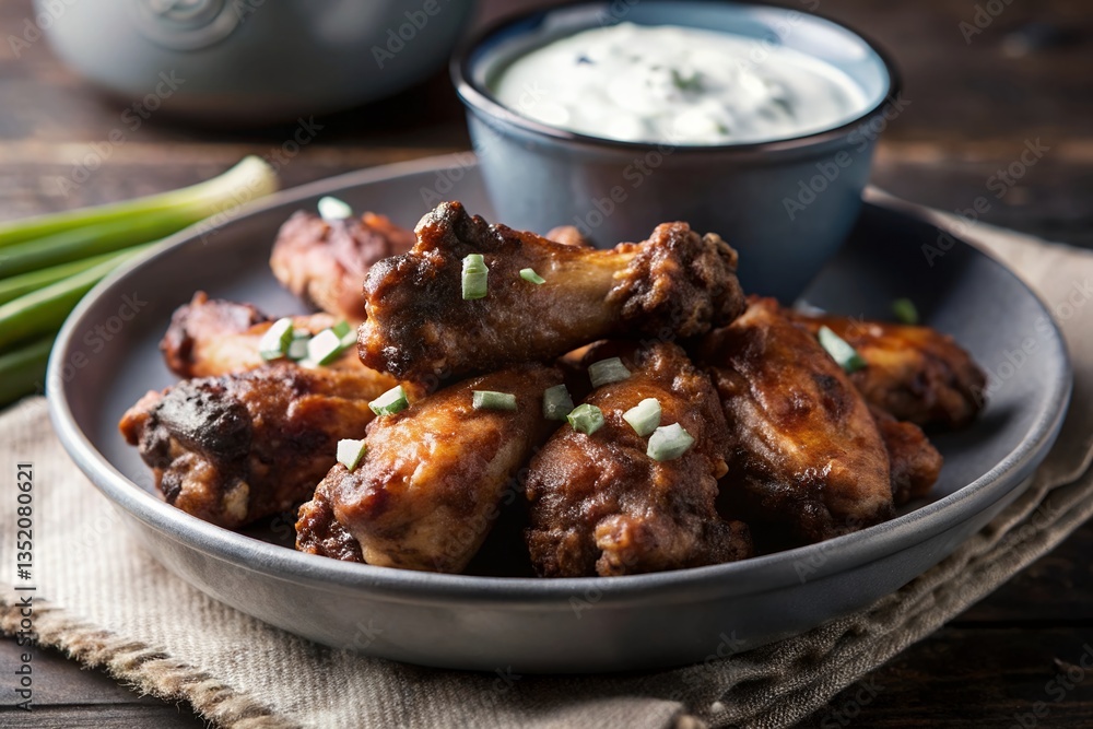 Spicy Buffalo Chicken Wings with Ranch Dip and Celery Sticks on a Plate Spicy Buffalo Chicken Wings with Ranch Dip and Celery Sticks on a Plate