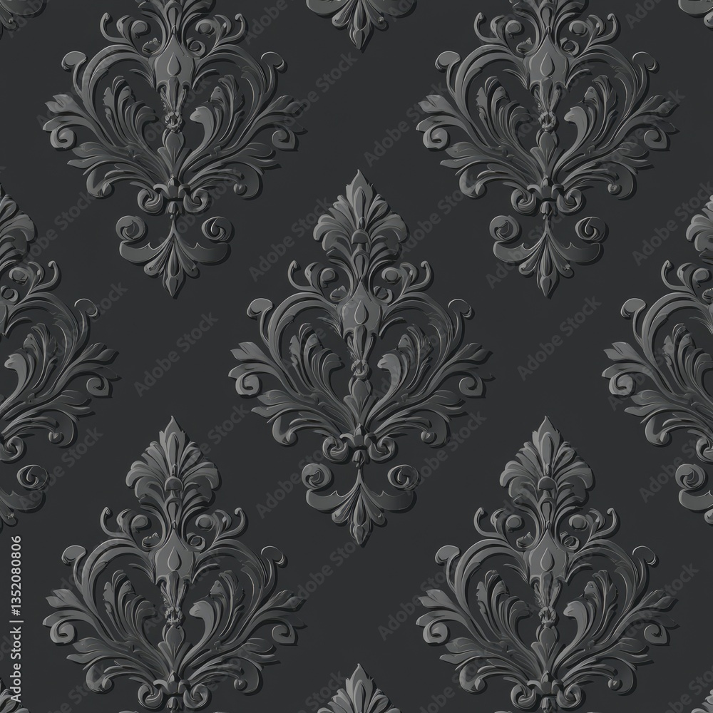 Dark gray damask pattern with ornate, embossed floral designs Dark gray damask pattern with ornate, embossed floral designs
