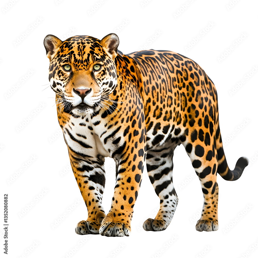 Obraz premium A powerful, muscular jaguar with a sleek golden-yellow coat and black rosettes stands in a realistic side-view portrait, full body on a white background, with piercing amber eyes and an intense, focus
