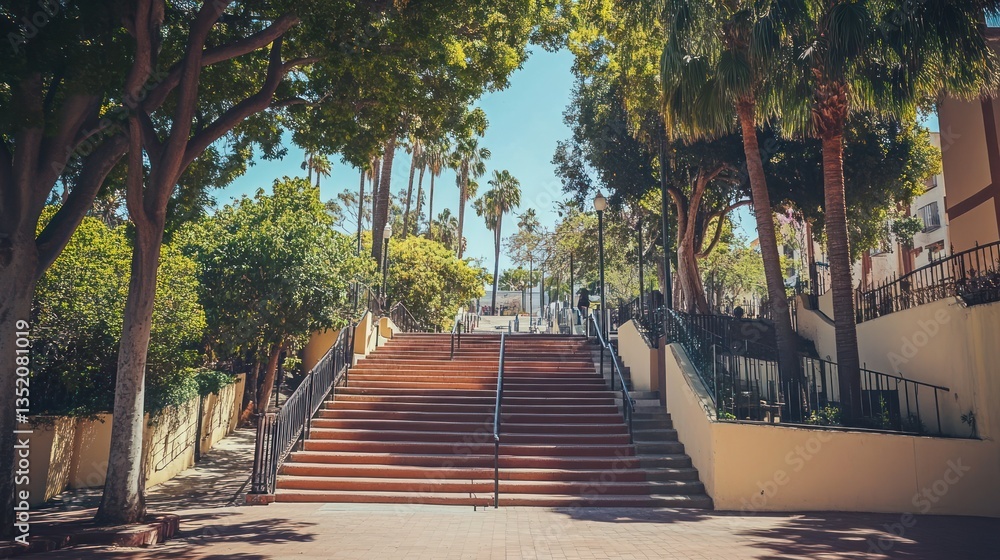 Obraz premium Sunny Staircase Ascent, Lush Tropical Street, Palm Trees, Vacation Background