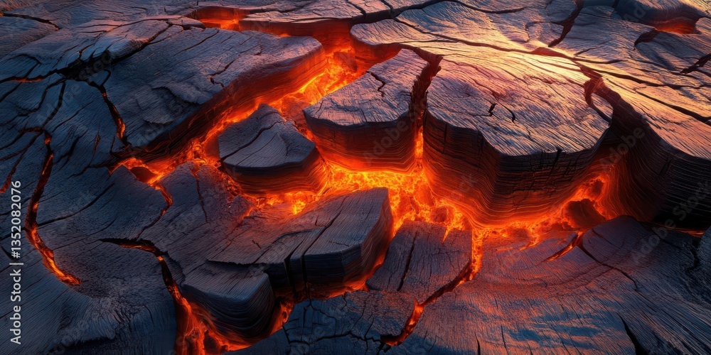 Cracked volcanic ground with glowing lava beneath, showcasing geological activity and heat Cracked volcanic ground with glowing lava beneath, showcasing geological activity and heat