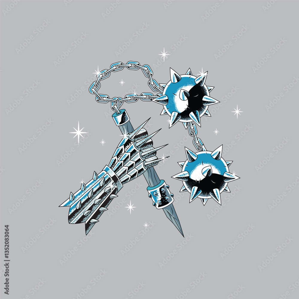 Obraz premium armored hand, holding flail with two balls, in chrome style