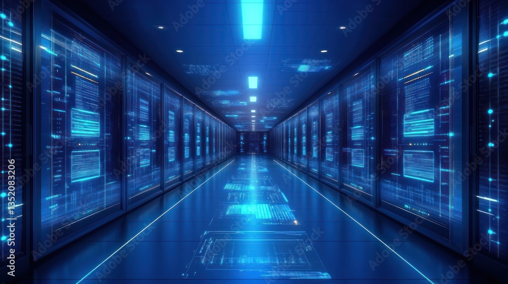 Server room hallway, futuristic digital displays, illuminated path, tech background, possible use in tech articles Server room hallway, futuristic digital displays, illuminated path, tech background, possible use in tech articles