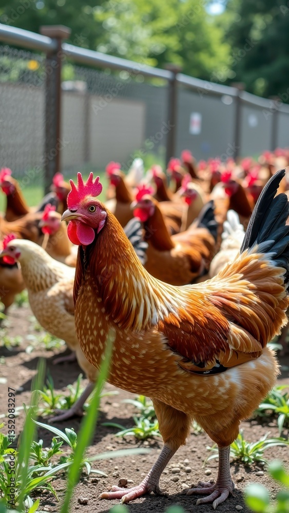 Fototapeta premium Vibrant rooster and chickens in sunny farmyard enclosure