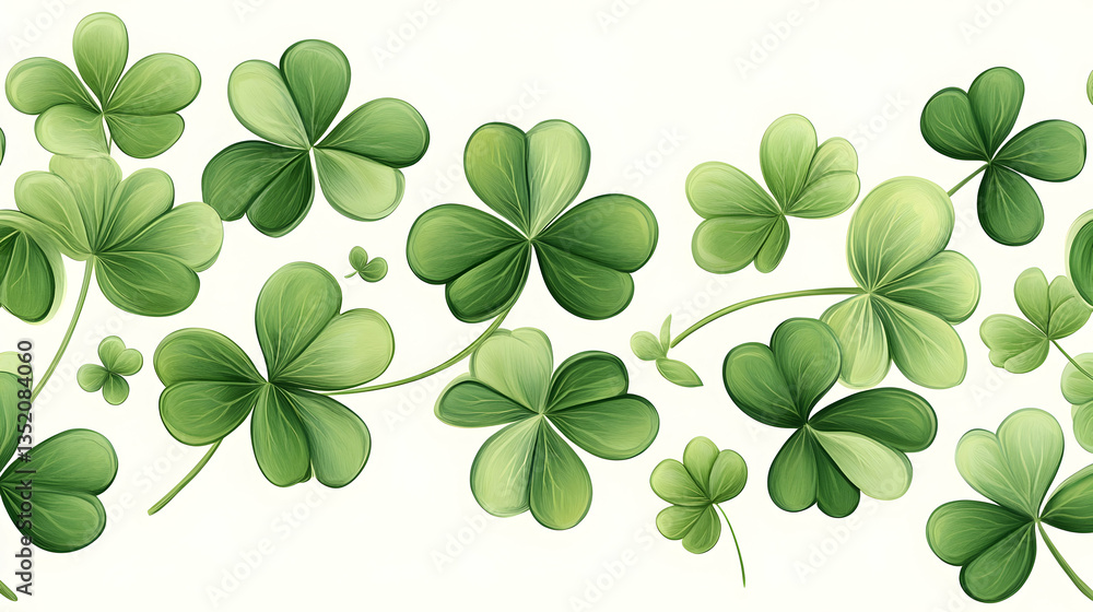 Green clover leaves border; St. Patrick's Day; white background; seamless pattern; ideal for festive design Green clover leaves border; St. Patrick's Day; white background; seamless pattern; ideal for festive design