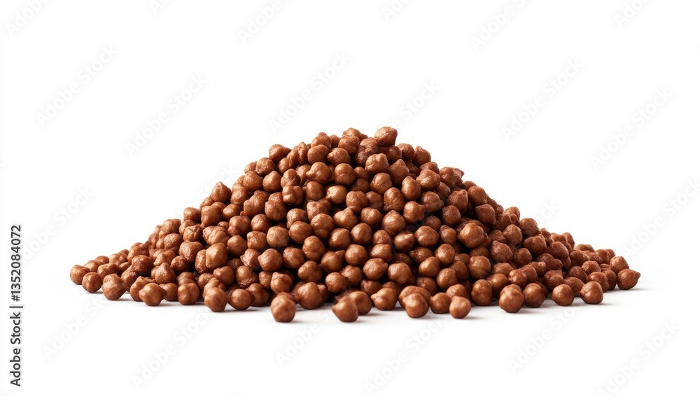 Pile of chocolate-covered small balls. A mound of round, brown, chocolate-coated balls, close-up against a white background. These bite-sized treats appear dense and textured Pile of chocolate-covered small balls. A mound of round, brown, chocolate-coated balls, close-up against a white background. These bite-sized treats appear dense and textured