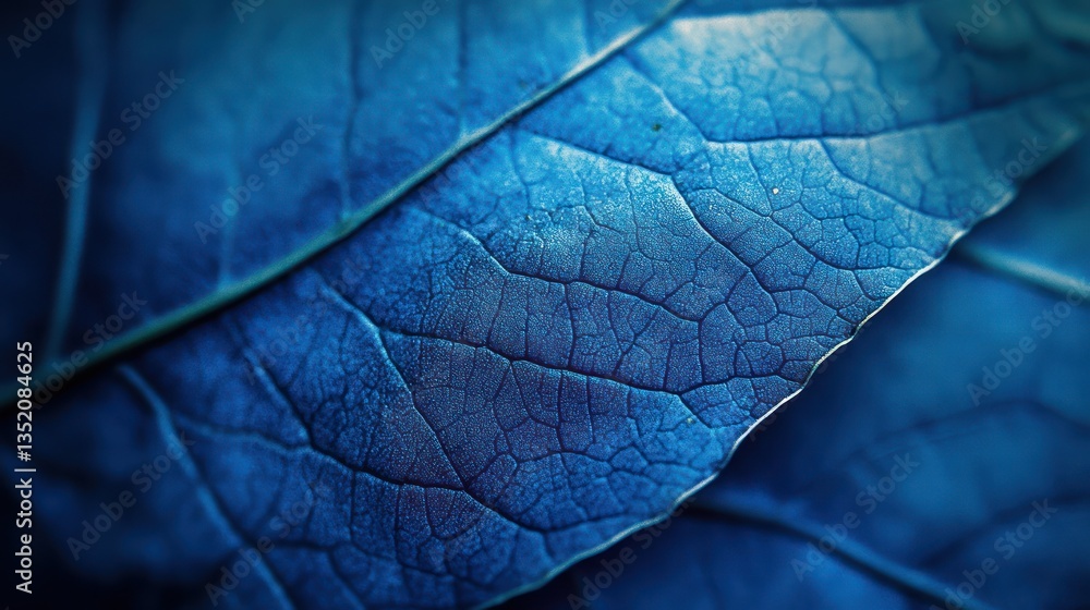 Fototapeta premium Close-up blue leaf texture, veins detailed, dark background, nature backdrop