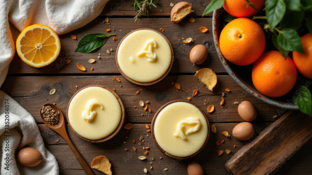 Image features a rustic wooden surface with several pieces of uncooked dough topped with melted yellow lard or tallow, alongside scattered nuts and an orange. Image features a rustic wooden surface with several pieces of uncooked dough topped with melted yellow lard or tallow, alongside scattered nuts and an orange.