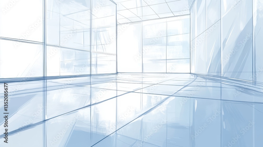 An abstract blue interior with glass walls and reflective floor An abstract blue interior with glass walls and reflective floor