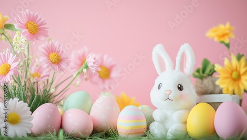  Vibrant Easter Celebration with Playful Bunnies and Colorful Eggs Surrounded by Blooming Spring Flowers on Soft Pink Background. Ideal for Festive Greeting Cards, Social Media Posts, and Spring-Theme
