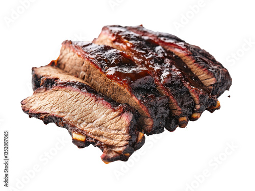 Slices of slow-smoked Texas brisket BBQ with dark crust and juicy pink interior isolated on transparent background