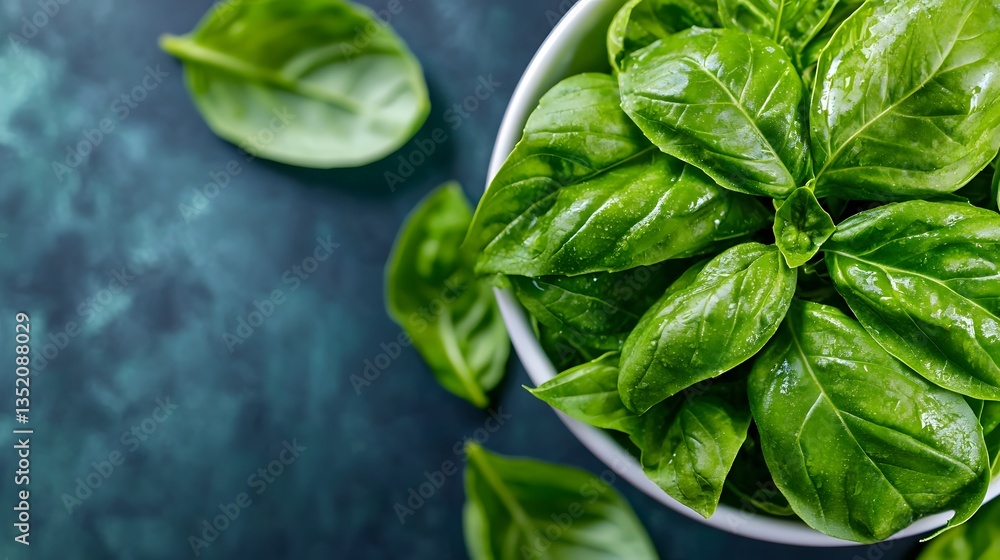 Elegant Top Down View of Lush Basil Leaves Highlighting Their Rich Color and Smooth Texture in a Simple White Dish Elegant Top Down View of Lush Basil Leaves Highlighting Their Rich Color and Smooth Texture in a Simple White Dish