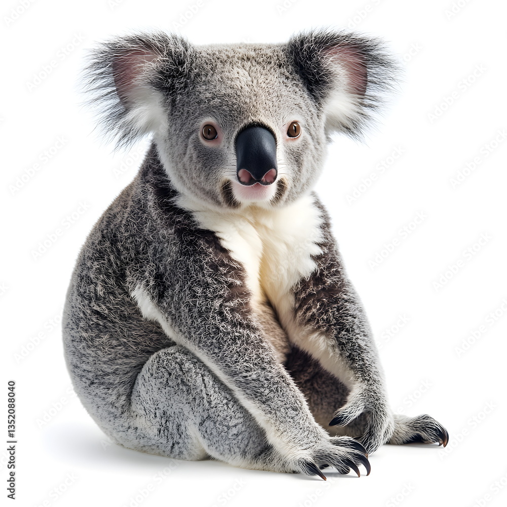 Naklejka premium A sturdy, well-proportioned koala with a thick grey coat and black nose sits in a realistic side-view portrait, full body on a white background, with large fluffy ears and a calm, gentle expression