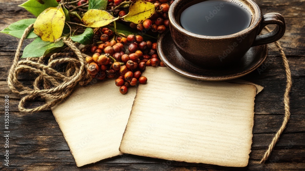 Autumn coffee, blank paper, wood background, cozy fall scene, journaling Autumn coffee, blank paper, wood background, cozy fall scene, journaling