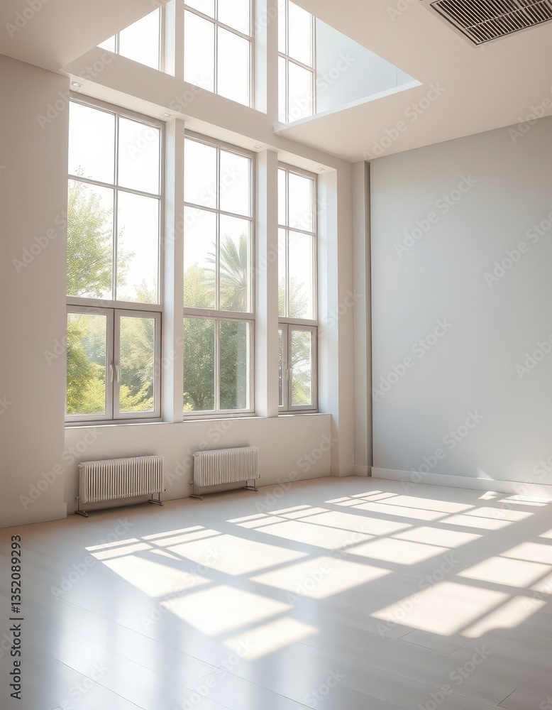 Obraz premium Empty room, large windows, sunlight streaming in, airy, house