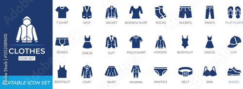Clothes icon set featuring shirts, dresses, gown, editable, signs, uniform, and fashion accessories for apps, short, suit, down, glove, purchase, and design projects.