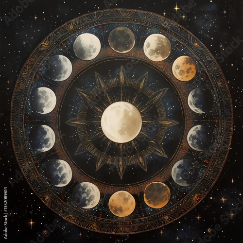 Celestial Moon Phases Mandala Art Mystical Sun and Moon Cycle Illustration