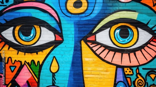 Vibrant eyes mural, city brick wall, colorful art, background details, graphic design