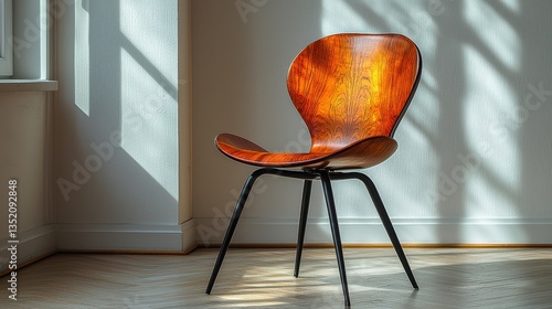 Modern minimal wood chair design brings light and shadow play to any interior space. This furniture seat offers a clean aesthetic.