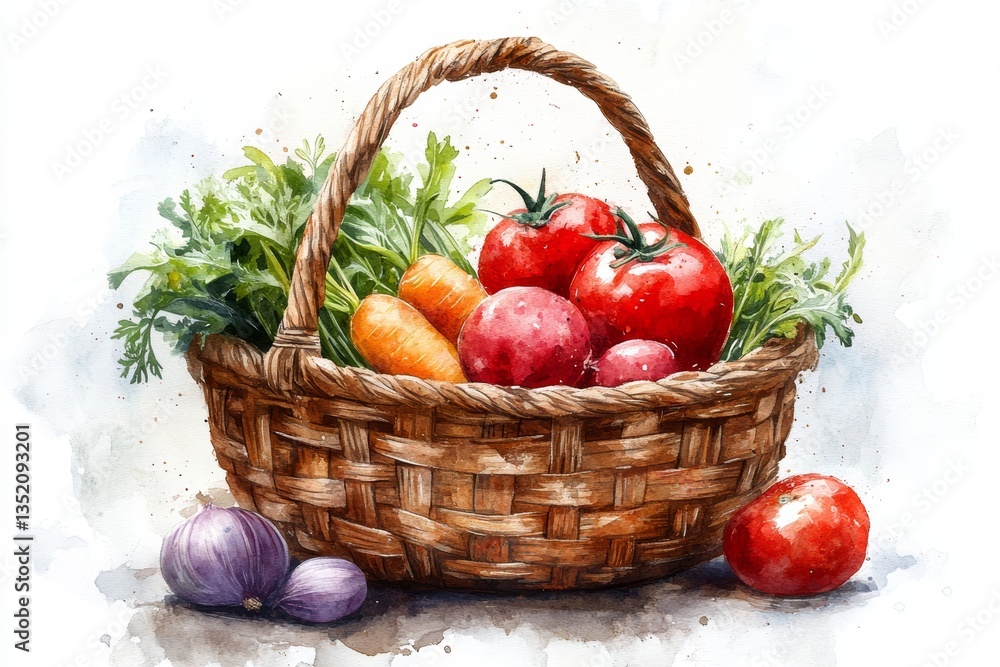 Basket of fresh vegetables in wicker basket, including carrots, radishes, lettuce on light surface. Concept of basket of fresh vegetables highlighting gardening theme. Basket of fresh vegetables in wicker basket, including carrots, radishes, lettuce on light surface. Concept of basket of fresh vegetables highlighting gardening theme.