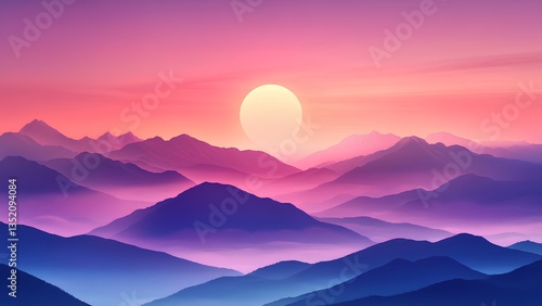 Colorful Sunset Over Misty Mountain Landscape in Gradient Tones