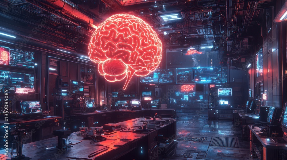 Obraz premium Futuristic brain room, advanced tech. interior, illuminated brain, possible use in sci-fi and AI, data processing