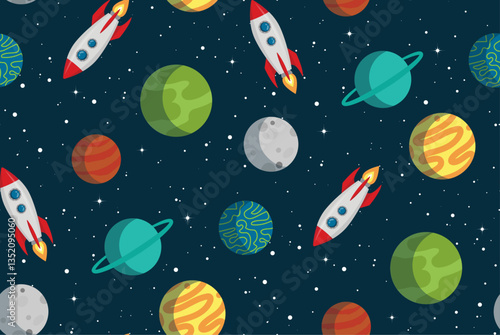 Space seamless pattern. Rocket, planets, moon, stars vector astronomy illustration. Science cartoon wallpaper/backgrounds repeating design.