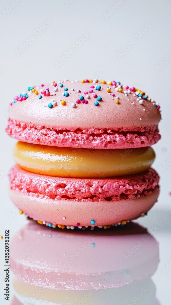 Colorful pink macaron with sprinkles and filling. Colorful pink macaron with sprinkles and filling.