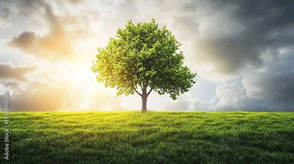 A solitary tree standing in a green, grassy field under a dark gray sky with soft light, presenting a peaceful and natural scene. A solitary tree standing in a green, grassy field under a dark gray sky with soft light, presenting a peaceful and natural scene.