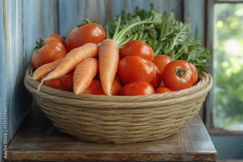 Basket of fresh vegetables filled with ripe tomatoes and greens on wooden shelf. Concept of basket of fresh vegetables capturing essence of gardening and natural beauty. Basket of fresh vegetables filled with ripe tomatoes and greens on wooden shelf. Concept of basket of fresh vegetables capturing essence of gardening and natural beauty.