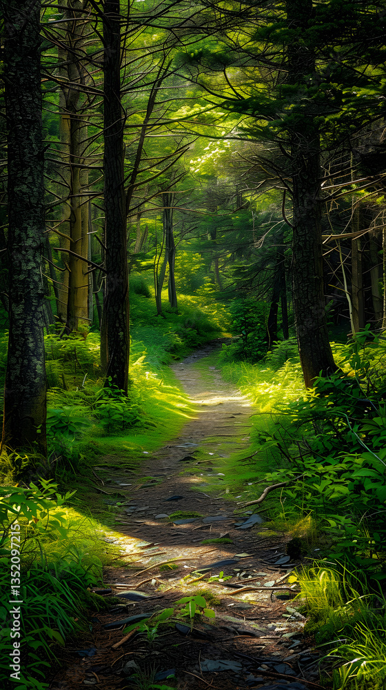 Naklejka premium Tranquil Hiking Trail Winding through Lush Woodland under a Sunlit Canopy - Perfect Escape into Nature
